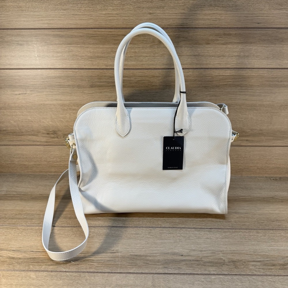 NWT CLAUDIA FIRENZE Pebbled‎ Leather Cream Ivory Tote Satchel Shoulder Bag Italy